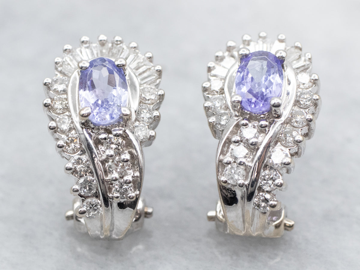 White Gold Oval Cut Tanzanite Stud Earrings with Round and Baguette Cut Diamond Accents and Omega Backs
