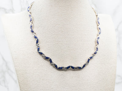 Sterling Silver Lapis and Synthetic Opal Wave Necklace with Lobster Clasp