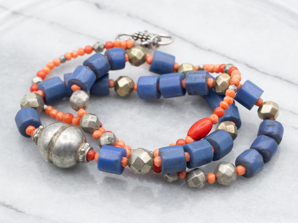 Mixed Era Blue Glass, Coral, Sterling Silver African Trade Beaded Neck