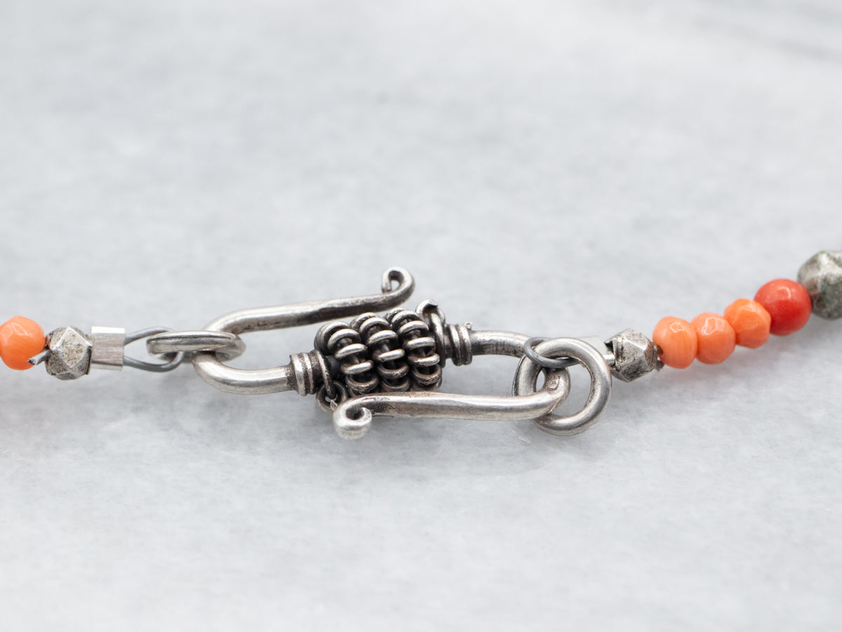 Mixed Era Blue Glass, Coral, Sterling Silver African Trade Beaded Necklace