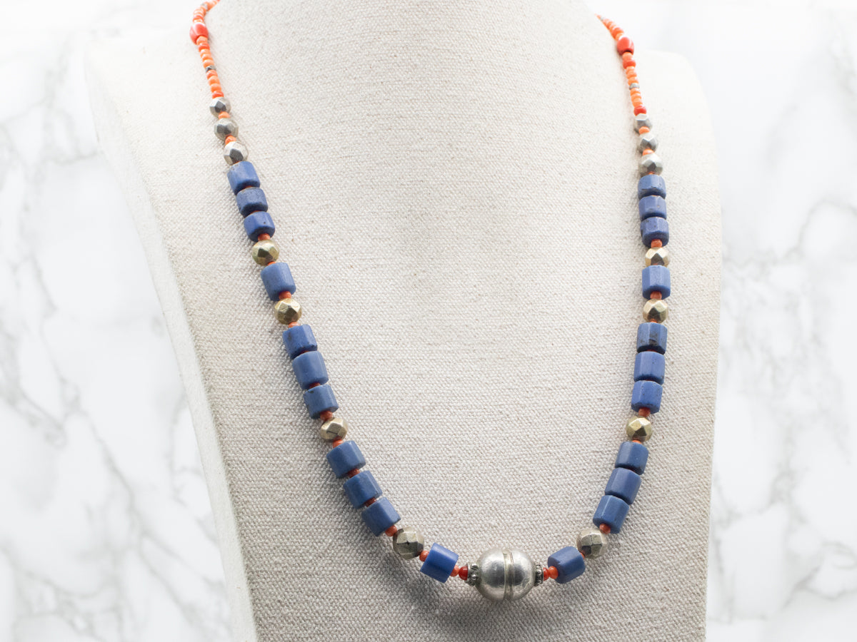Mixed Era Blue Glass, Coral, Sterling Silver African Trade Beaded Necklace