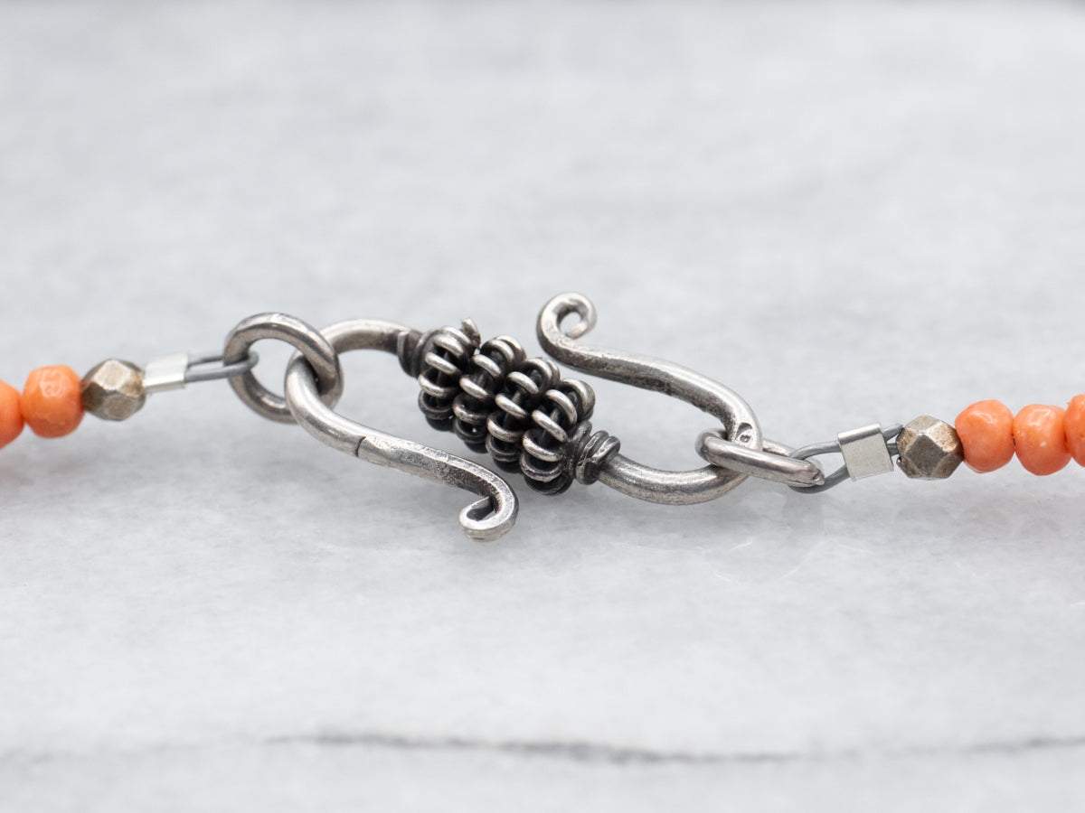 Mixed Era Blue Glass, Coral, Sterling Silver African Trade Beaded Necklace