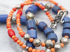 Mixed Era Blue Glass, Coral, Sterling Silver African Trade Beaded Necklace