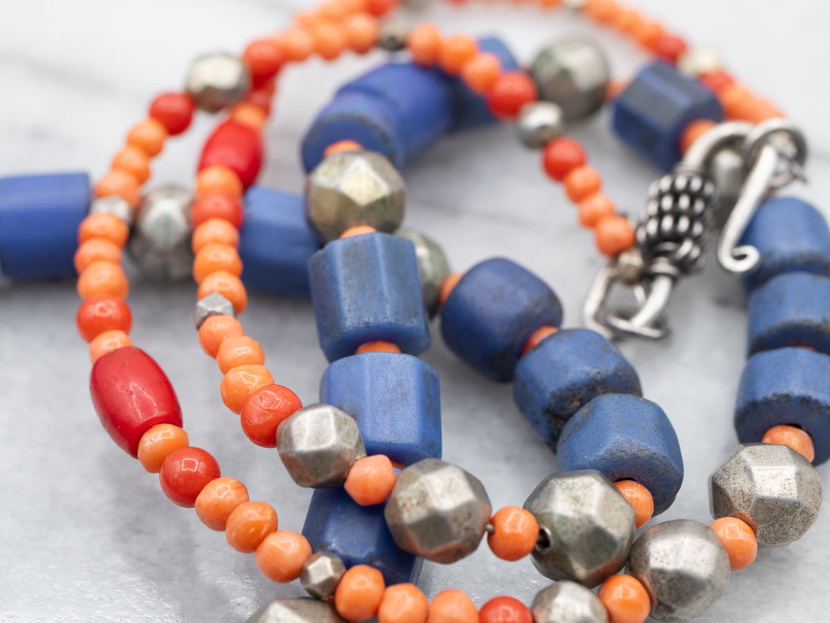 Mixed Era Blue Glass, Coral, Sterling Silver African Trade Beaded Necklace