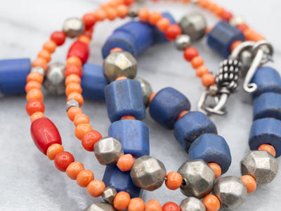 Mixed Era Blue Glass, Coral, Sterling Silver African Trade Beaded Necklace