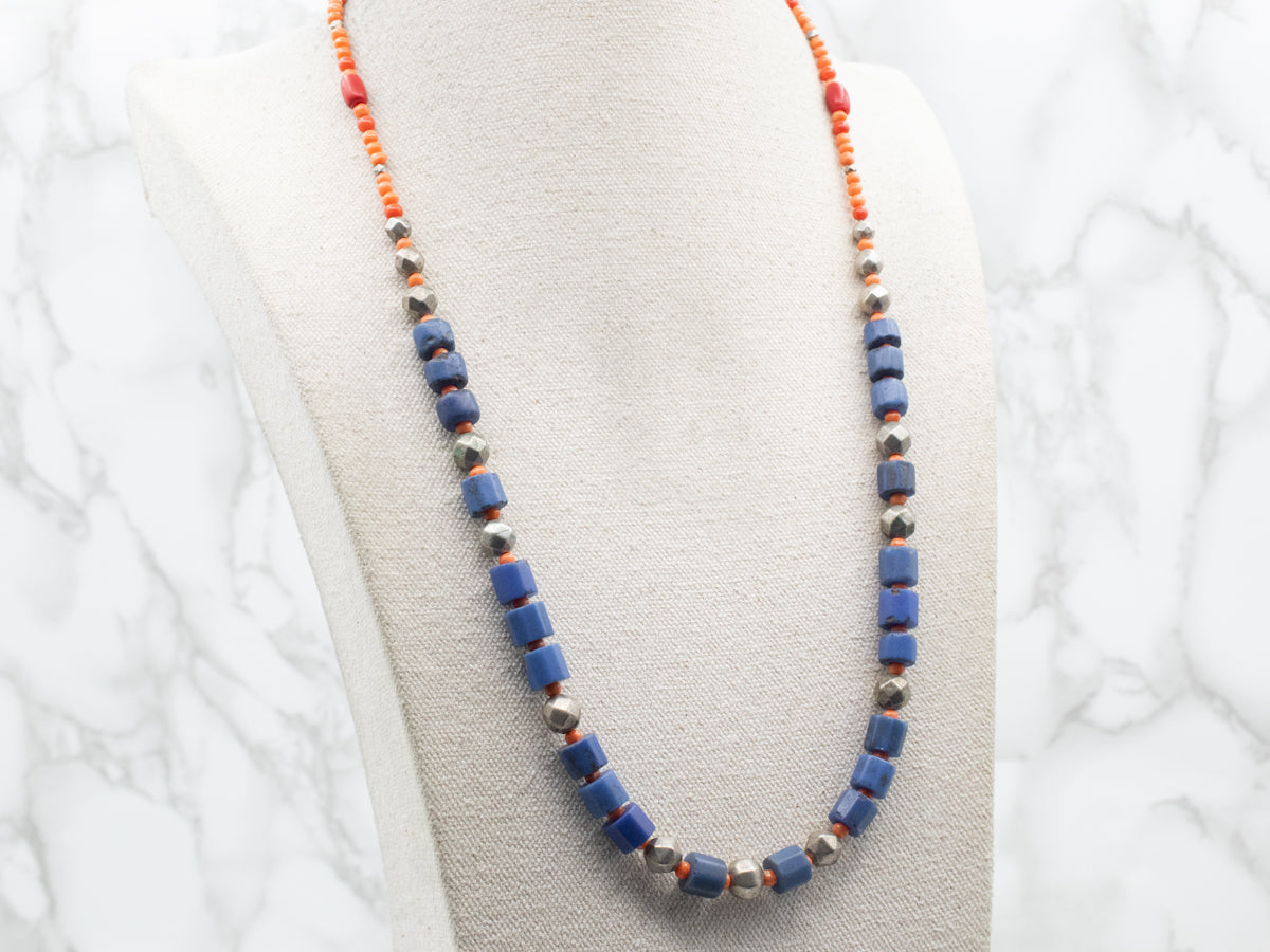 Mixed Era Blue Glass, Coral, Sterling Silver African Trade Beaded Necklace