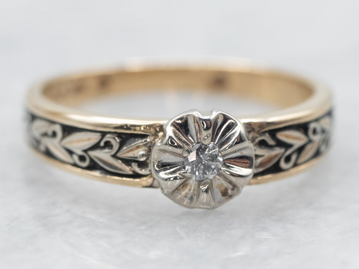 Two Tone Diamond Flower Ring with Etched Shoulders