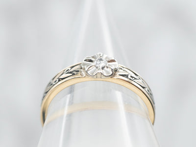Two Tone Diamond Flower Ring with Etched Shoulders