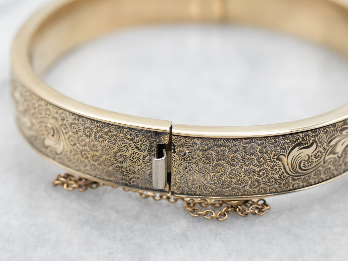 Yellow Gold Floral Hinged Bangle Bracelet
