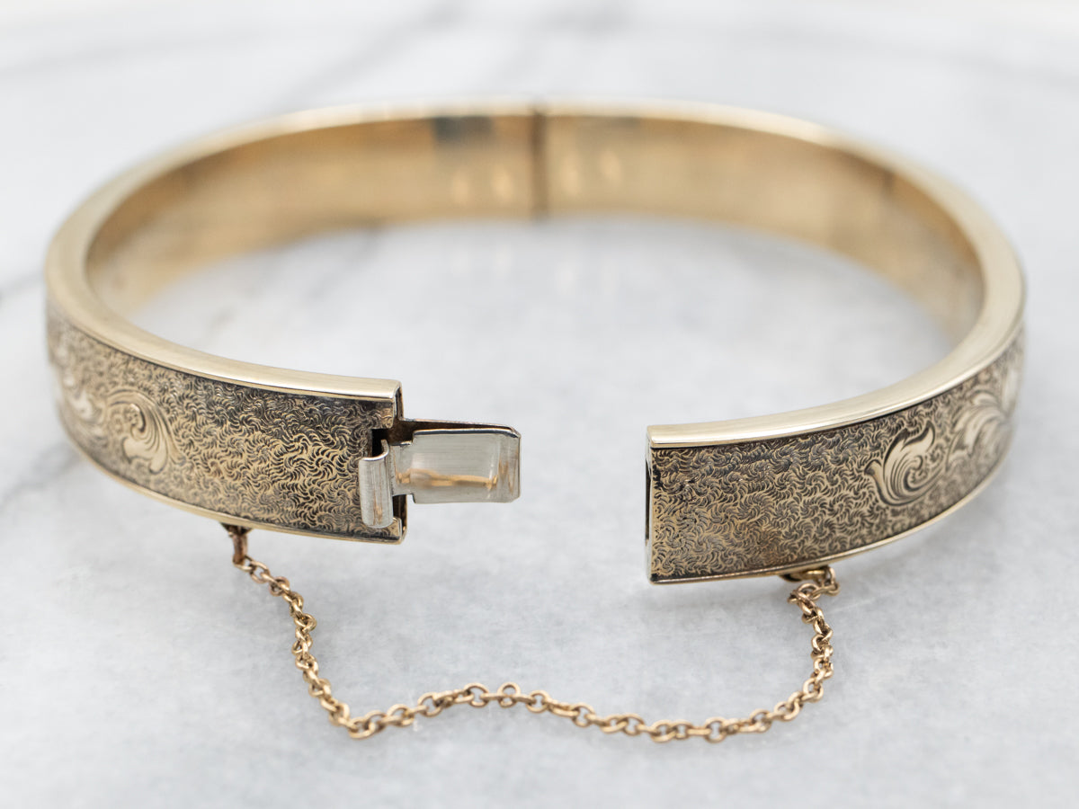 Yellow Gold Floral Hinged Bangle Bracelet