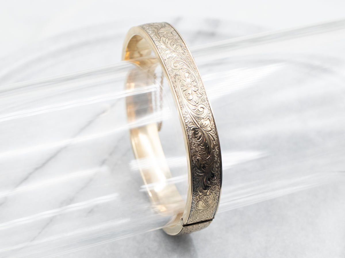 Yellow Gold Floral Hinged Bangle Bracelet