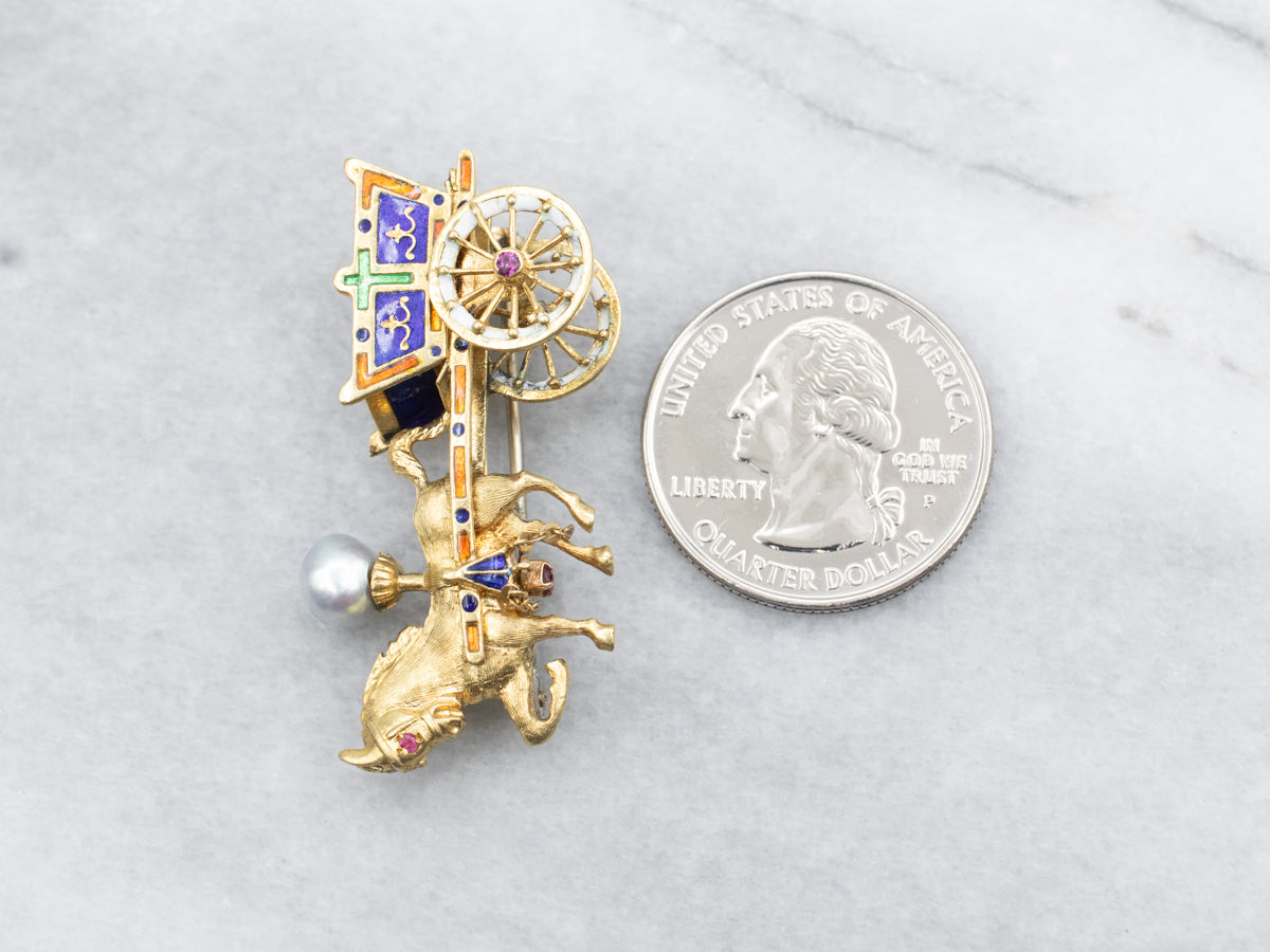Yellow Gold Enamel and Pearl Horse and Carriage Brooch