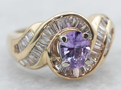 Yellow Gold Oval Cut Purple Sapphire Swirl Ring with Baguette Cut Diamond Halo