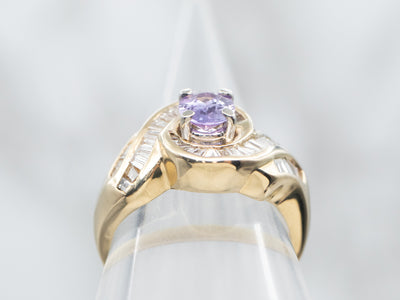 Yellow Gold Oval Cut Purple Sapphire Swirl Ring with Baguette Cut Diamond Halo