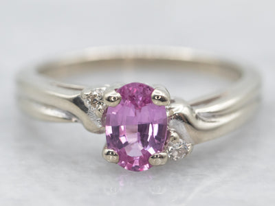 White Gold Oval Cut Pink Sapphire Bypass Ring with Diamond Accents