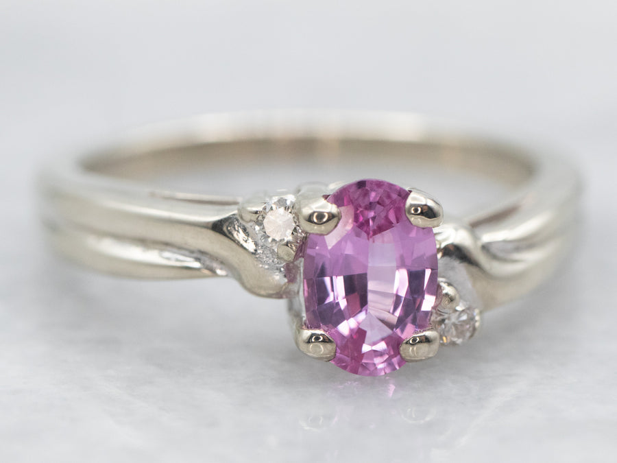 White Gold Oval Cut Pink Sapphire Bypass Ring with Diamond Accents
