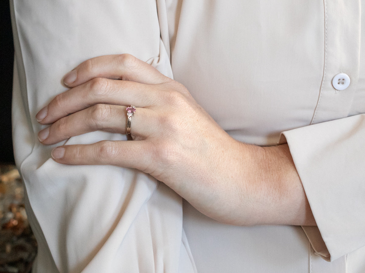 White Gold Oval Cut Pink Sapphire Bypass Ring with Diamond Accents