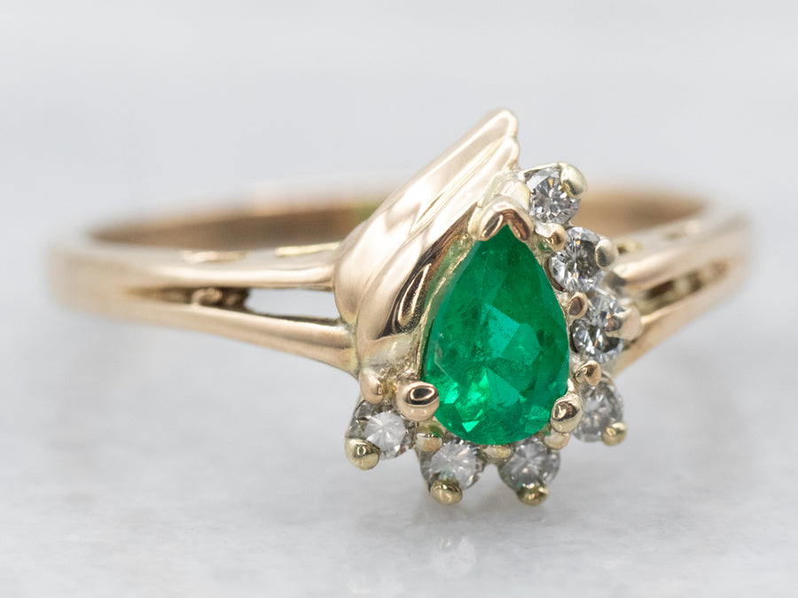 Two Tone Pear Cut Emerald Ring with Diamond Accents