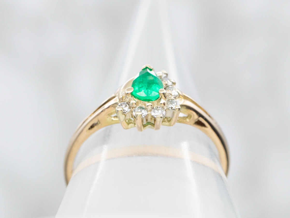 Two Tone Pear Cut Emerald Ring with Diamond Accents