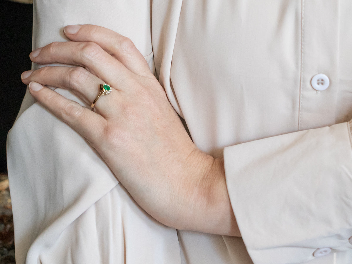 Two Tone Pear Cut Emerald Ring with Diamond Accents