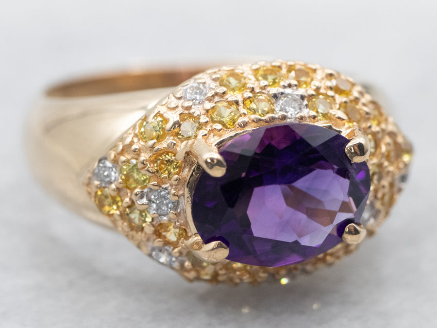 Yellow Gold East West Oval Cut Amethyst Ring with Diamond and Yellow Sapphire Accents