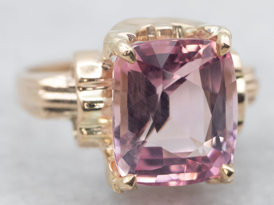 Yellow Gold Emerald Cut Pink Tourmaline Solitaire Ring
