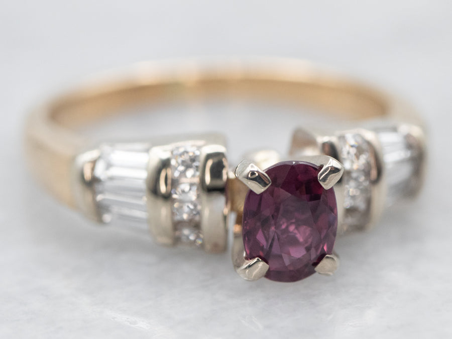 Two Tone Oval Cut Ruby Ring with Diamond Shoulders