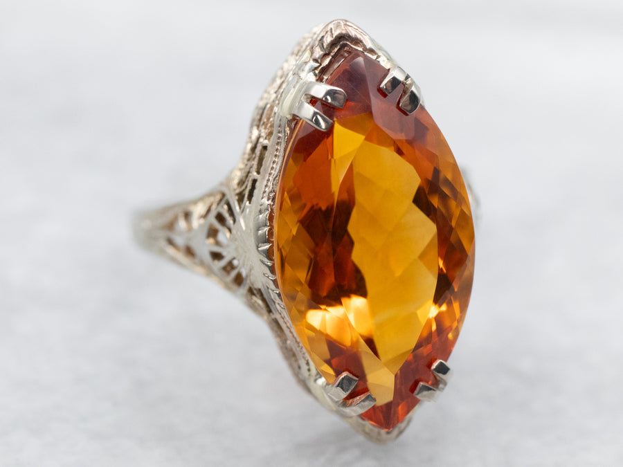 White Gold Marquise Cut Citrine Solitaire Ring