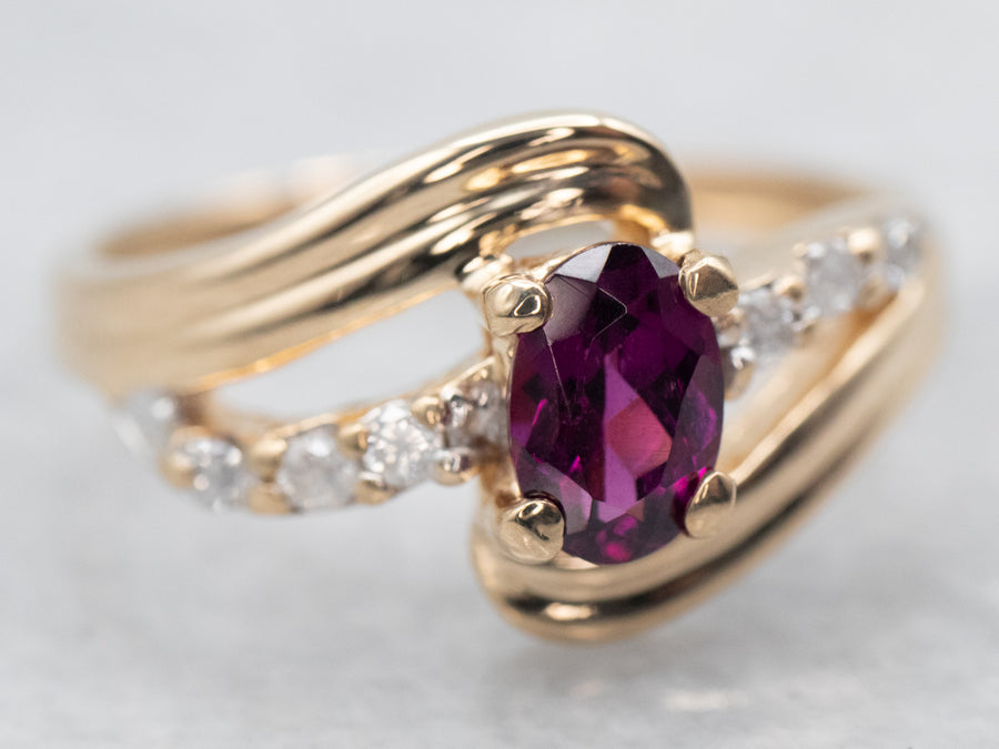 Yellow Gold Rhodolite Garnet Bypass Ring with Diamond Accents