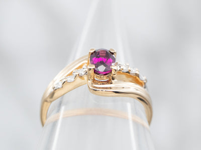Yellow Gold Rhodolite Garnet Bypass Ring with Diamond Accents