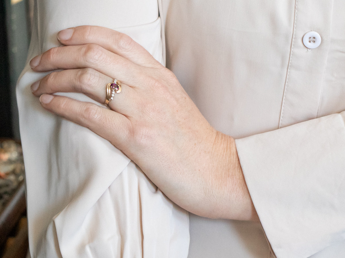 Yellow Gold Rhodolite Garnet Bypass Ring with Diamond Accents