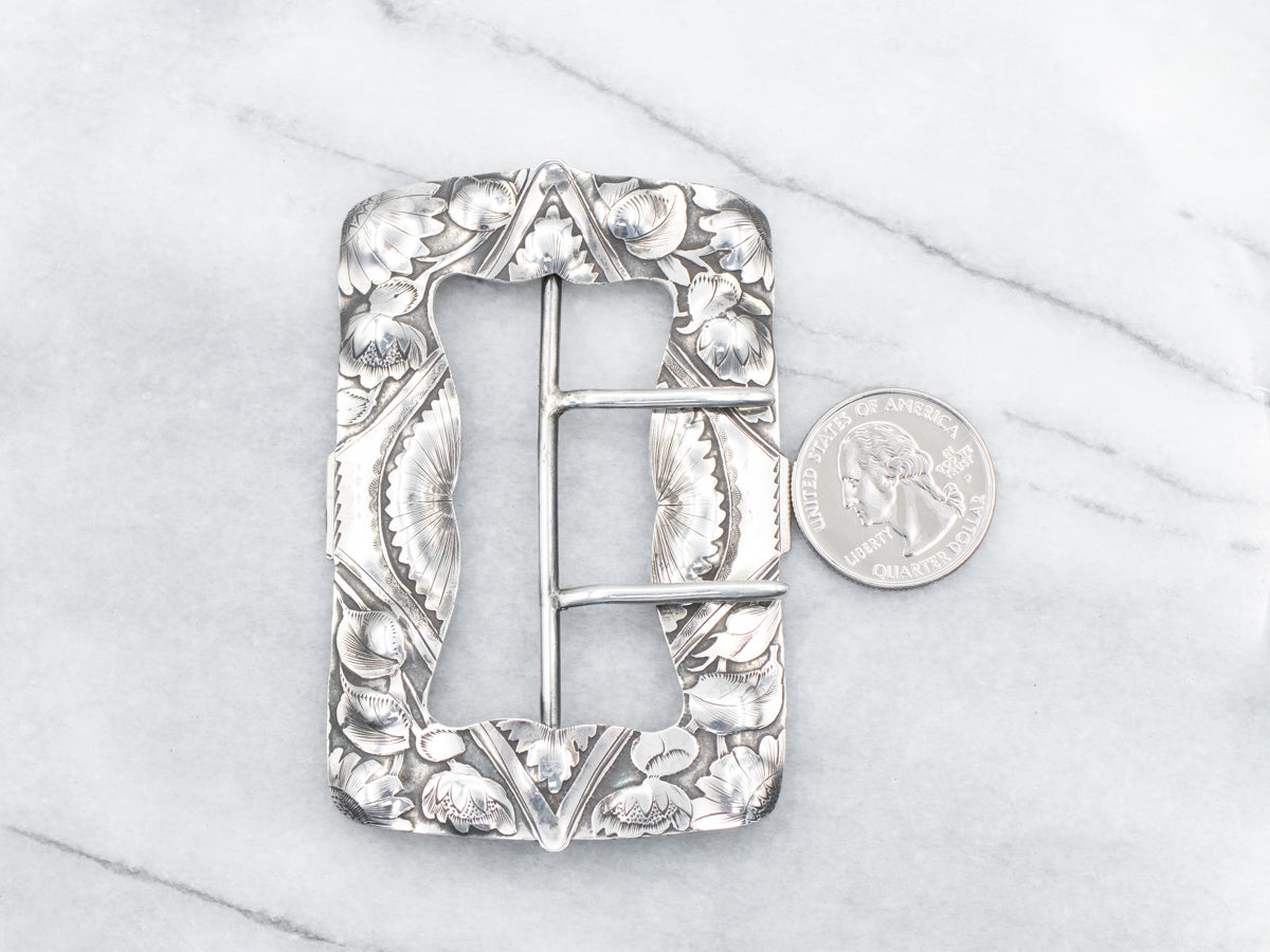 Antique Sterling Silver Floral Belt Buckle