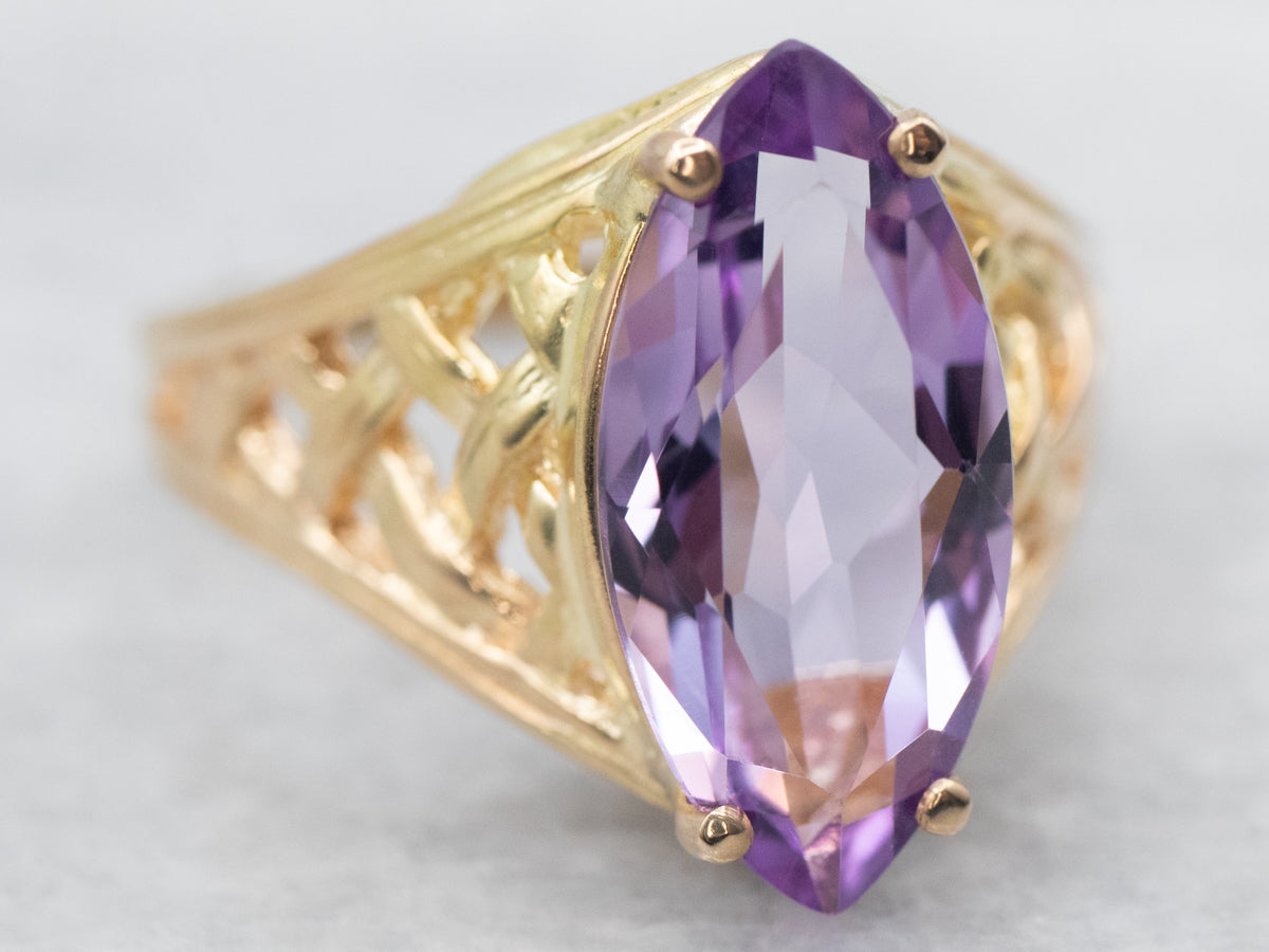 Yellow Gold Marquise Cut Amethyst Solitaire Ring