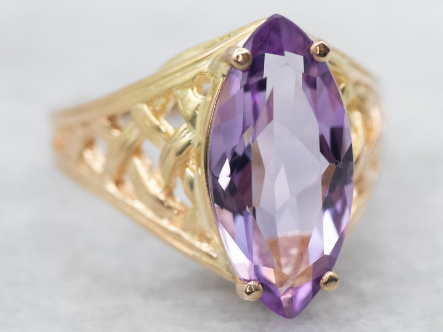 Yellow Gold Marquise Cut Amethyst Solitaire Ring