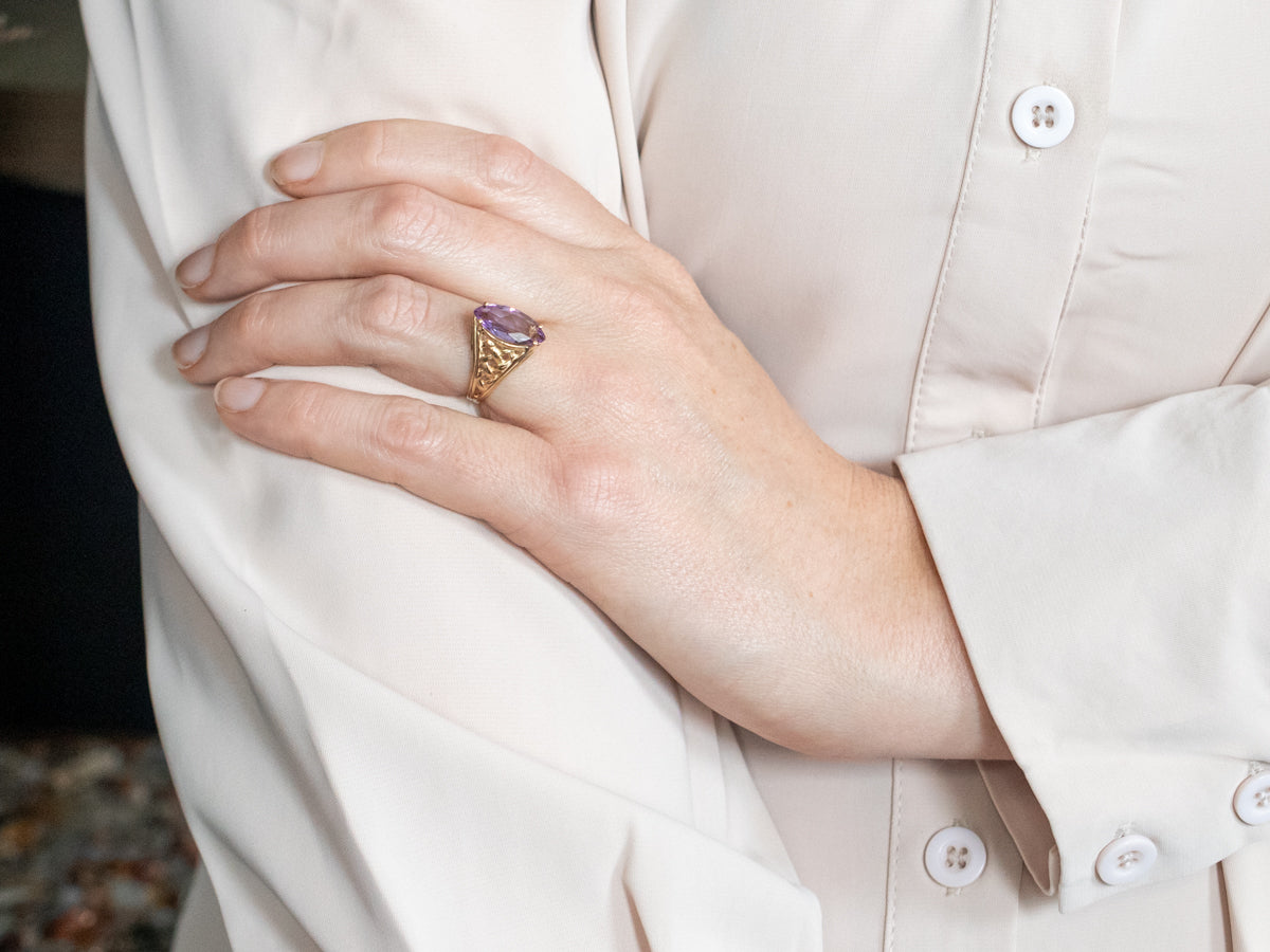 Yellow Gold Marquise Cut Amethyst Solitaire Ring