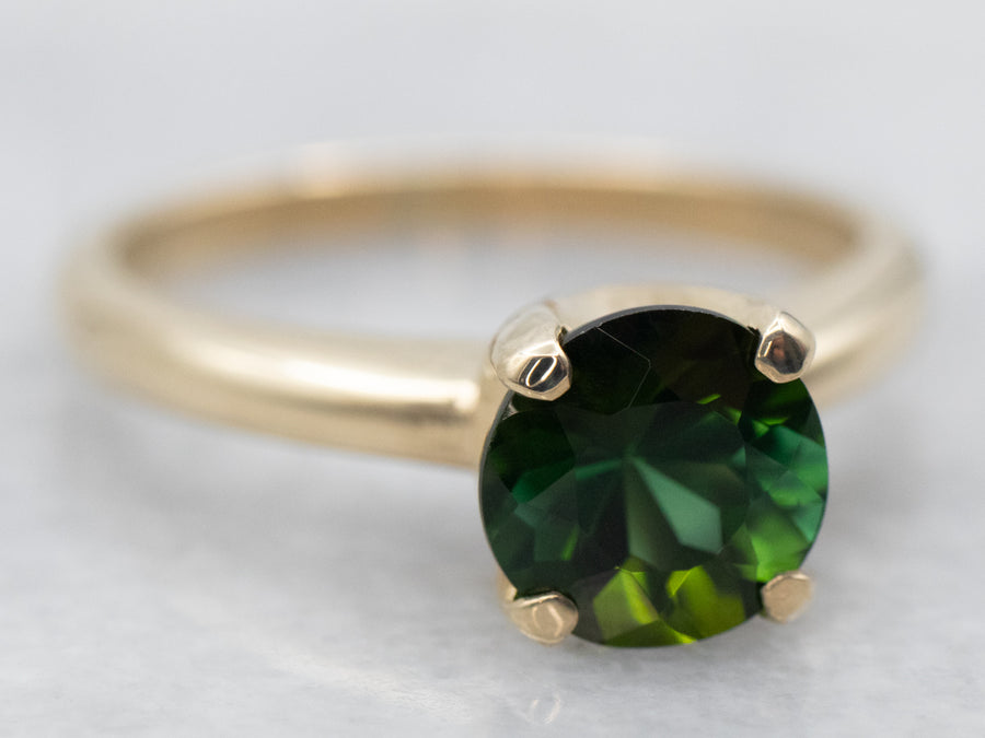 Yellow Gold Green Tourmaline Solitaire Ring