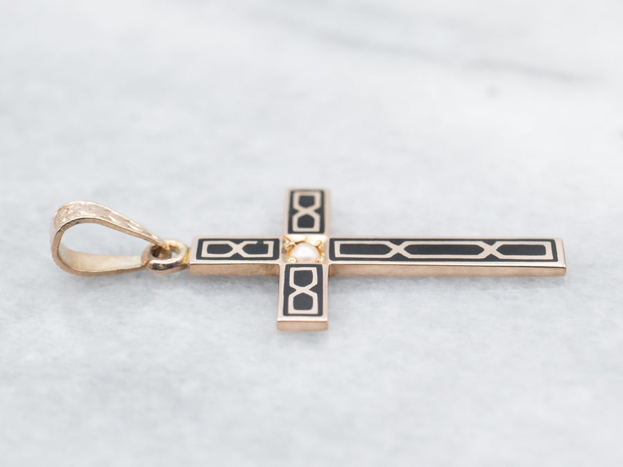 Yellow Gold Seed Pearl and Black Enamel Cross Pendant