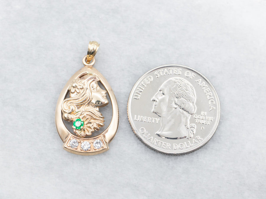 Yellow Gold Lady's Profile Pendant with Emerald and Diamond Accents