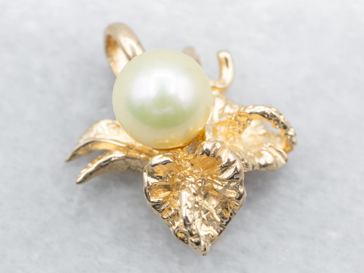 Yellow Gold Yellow Saltwater Pearl Pendant with Leaf Accents