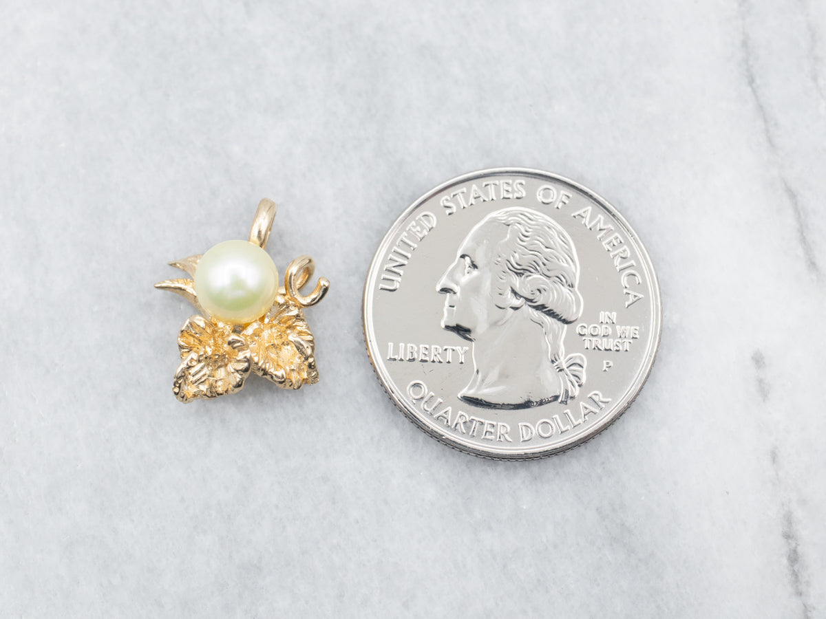 Yellow Gold Yellow Saltwater Pearl Pendant with Leaf Accents