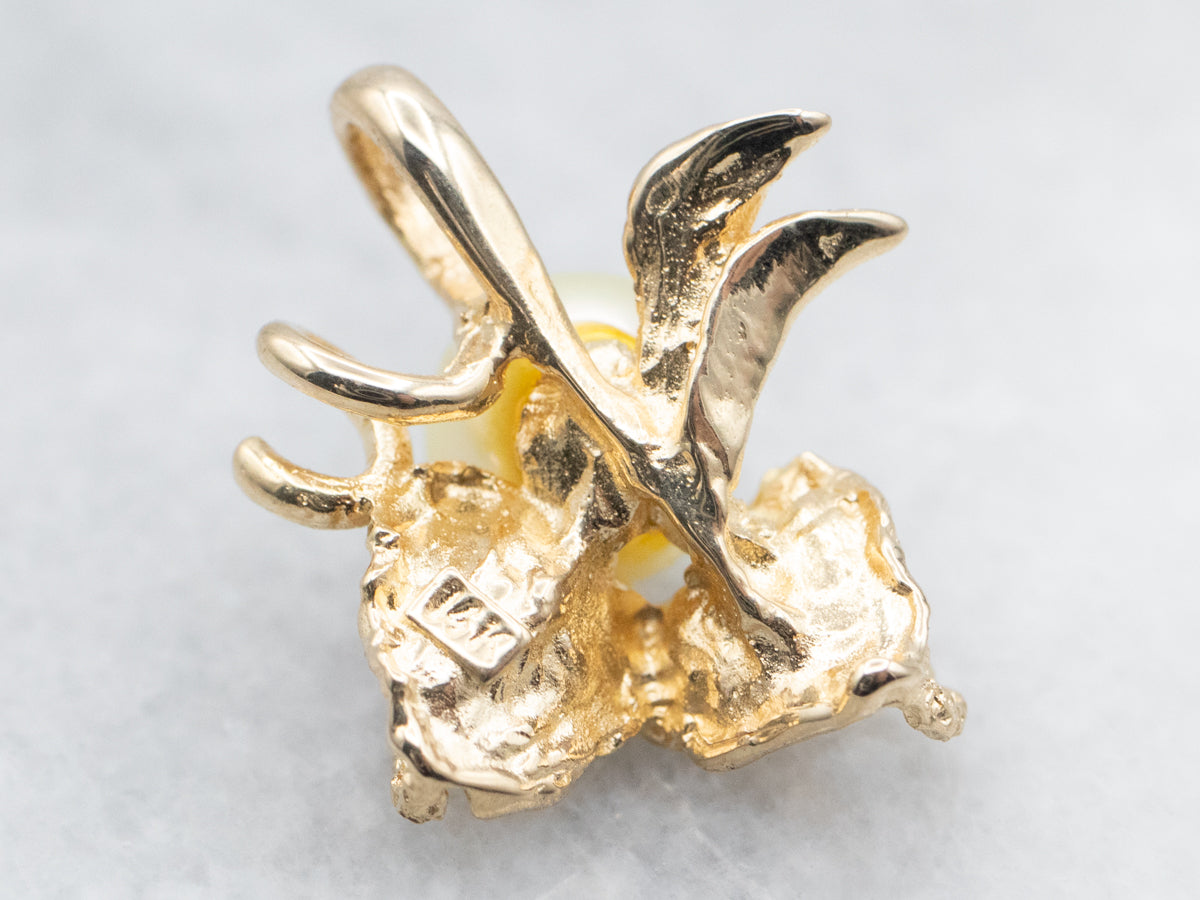 Yellow Gold Yellow Saltwater Pearl Pendant with Leaf Accents