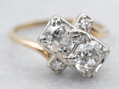 Two Tone Old Mine Cut Diamond Bypass Ring with Diamond Accents