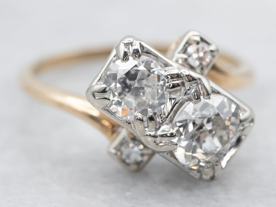 Two Tone Old Mine Cut Diamond Bypass Ring with Diamond Accents
