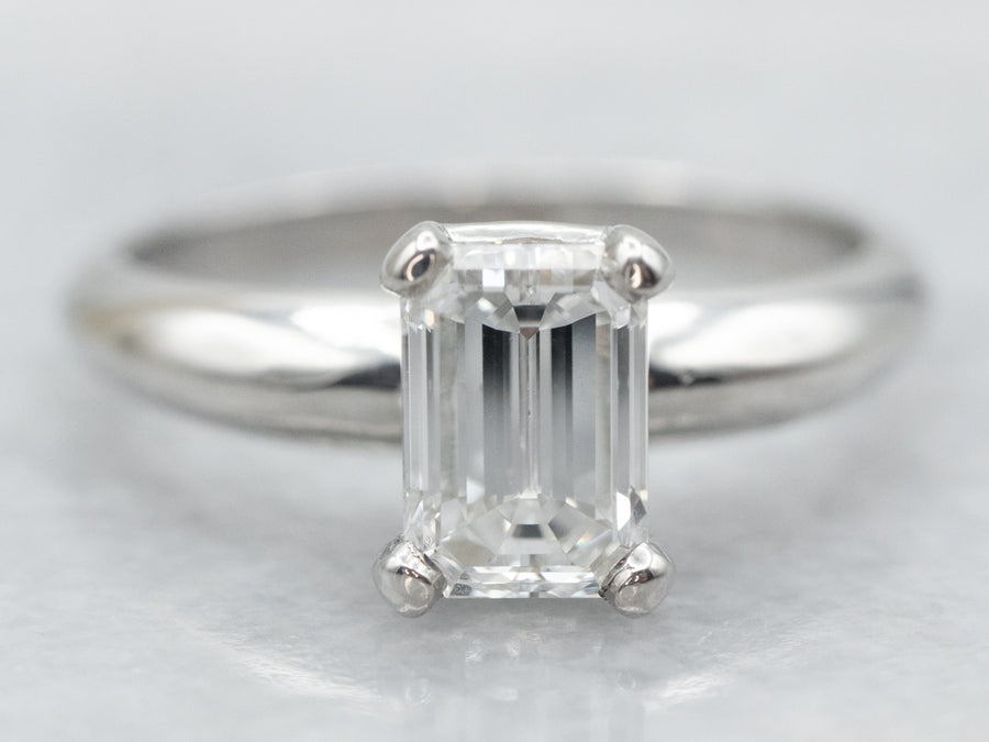 Modern Platinum Emerald Cut Diamond Solitaire Engagement Ring