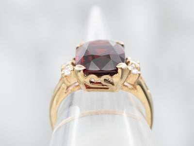 Yellow Gold Cushion Cut Garnet Ring with Diamond Accents