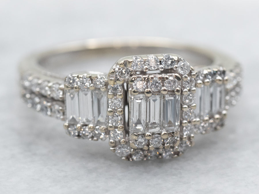 Modern Baguette Cut Diamond Engagement Ring with Diamond Halo and Shoulders