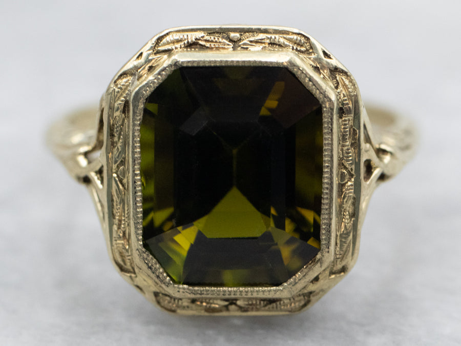 Yellow Gold Bezel Set Emerald Cut Green Tourmaline Solitaire Ring
