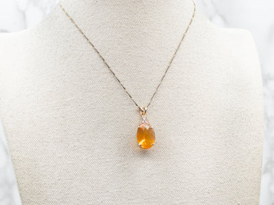 Yellow Gold Oval Cut Fire Opal Pendant with Diamond Accents
