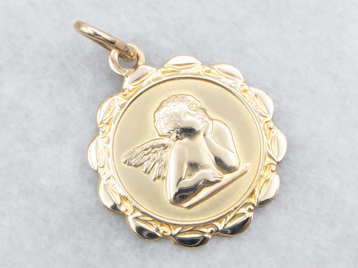 Yellow Gold Cherub Disc Pendant with Scalloped Edge