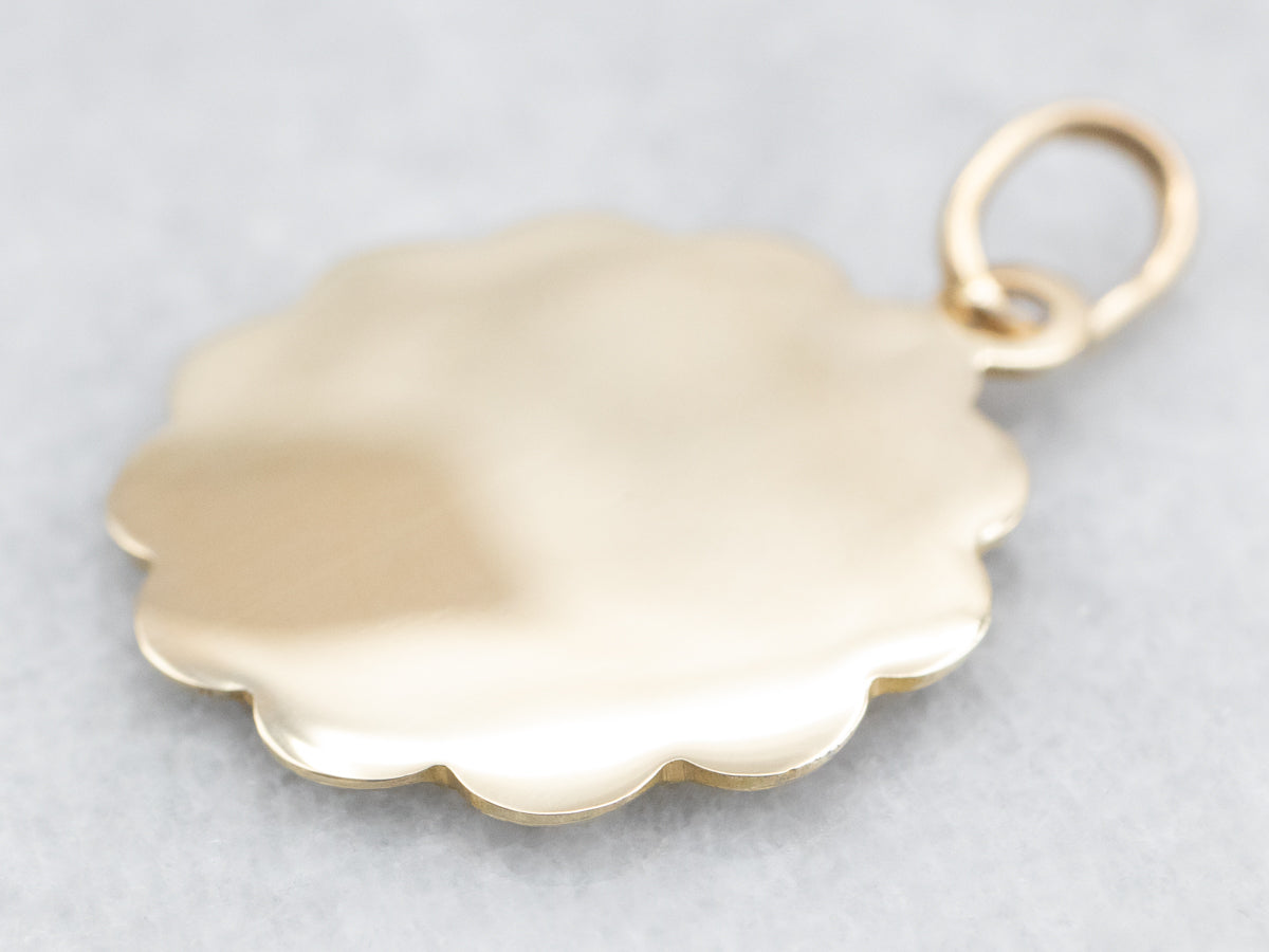 Yellow Gold Cherub Disc Pendant with Scalloped Edge